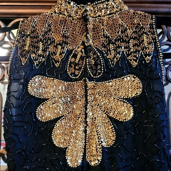 Vintage 80's Small 100% Silk Black Gold Beaded Cocktail Dress Wedding Prom - Picture 5 of 7